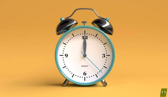 old alarm clock on yellow background – 12 o’clock – 3d illustration rendering